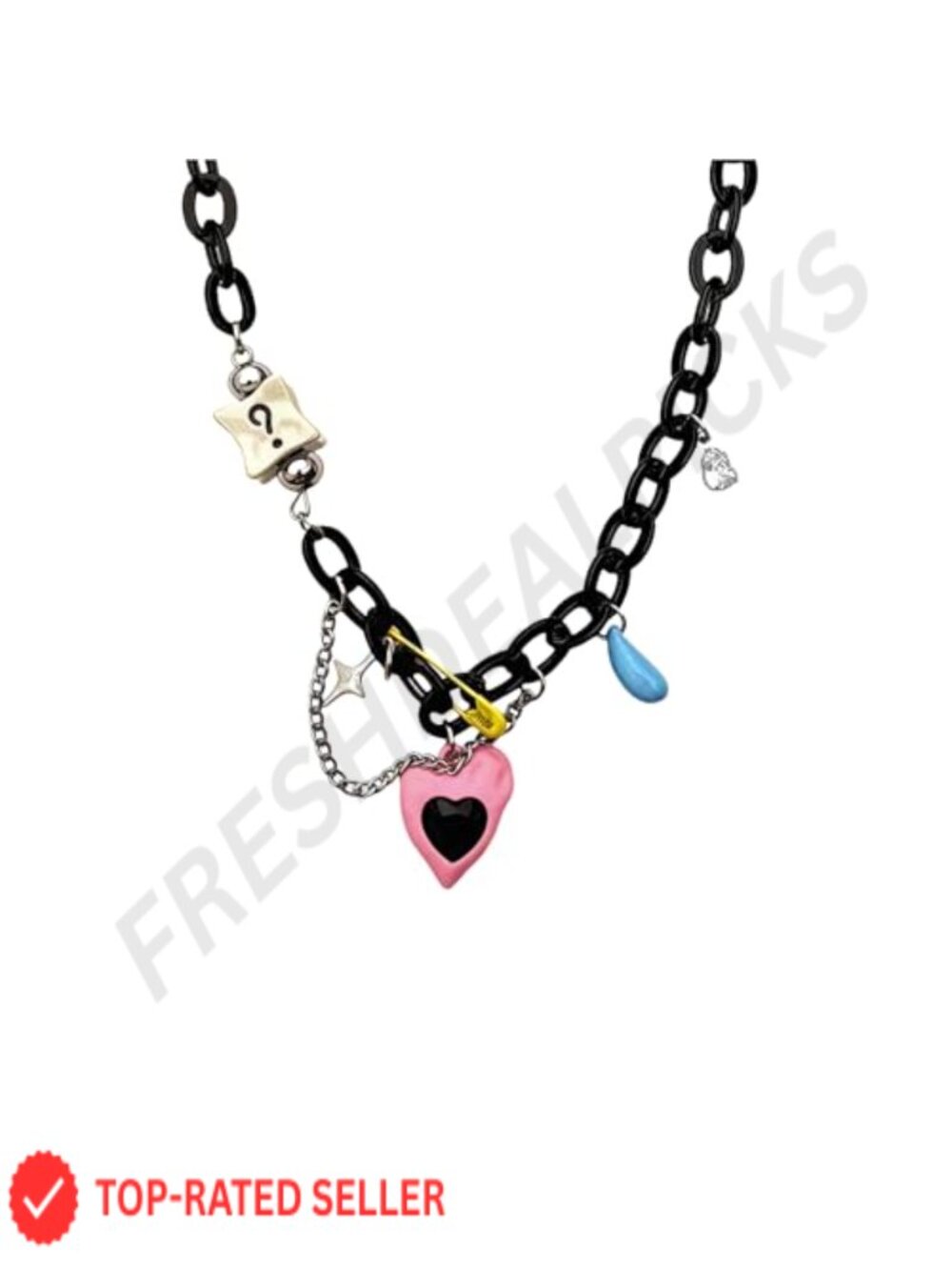 Pink Heart Safety Pin Black Chain Y2K Necklace Copper Alloy Acrylic Punk Goth